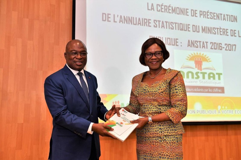 La ministre Nialé Kaba (à droite) recevant l'annuaire statistique 2016-2017 des mains du ministre Issa Coulibaly. (Primature)