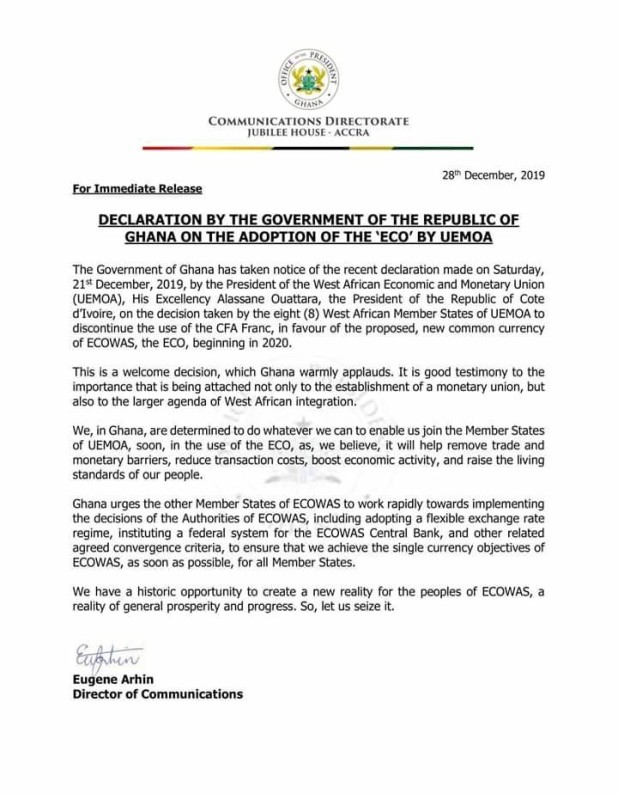 La déclaration du gouvernement ghanéen