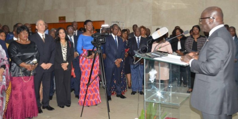 Le ministre des Affaires étrangères, Marcel Amon-Tanoh (au pupitre) a demandé le soutien des diplomates à la candidature de la Côte d'Ivoire. (DR)