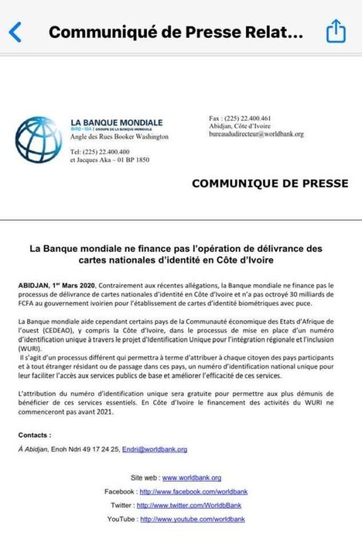 Le communiqué de presse de la Banque mondiale