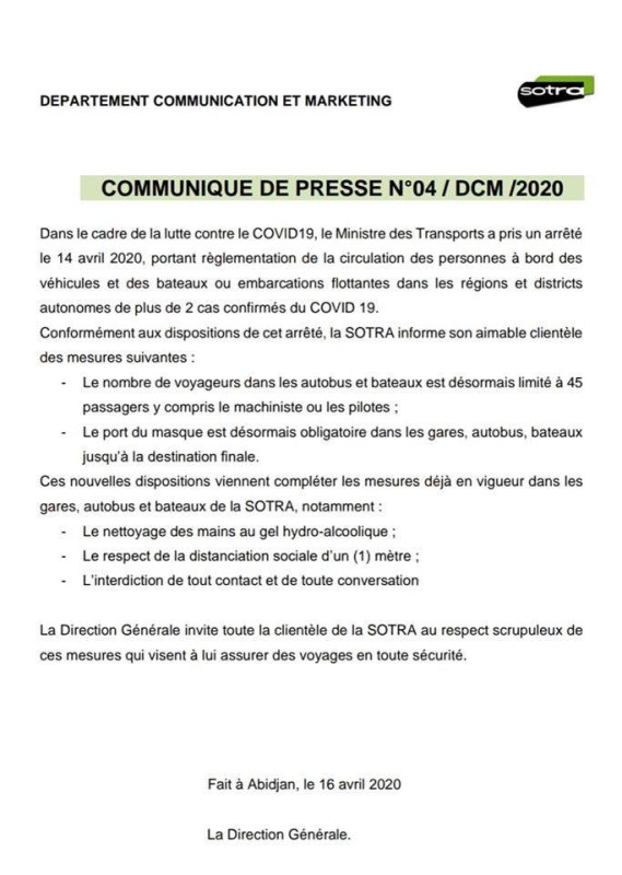 Le communiqué de presse de la SOTRA