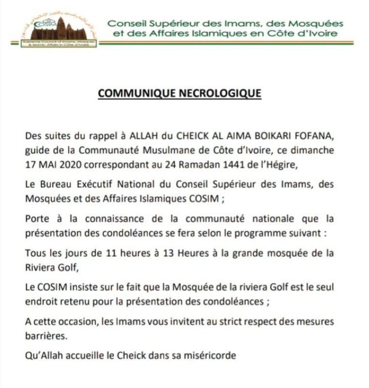 communiqué Cosim Condoléances