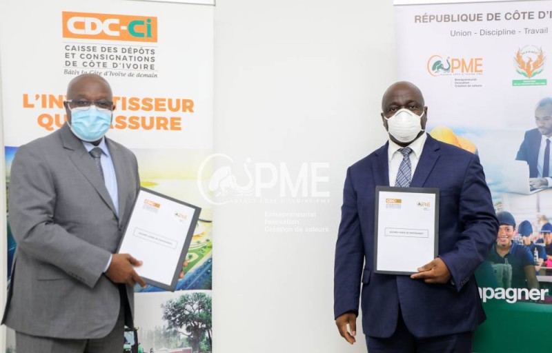 Les Dg de l’Agence CI Pme, Salimou Bamba, et de la Cdc-Ci, Lassina Fofana veulent offrir aux Pme ivoiriennes des mécanismes de financement.