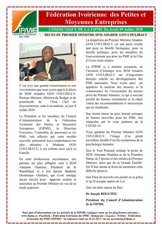 Communiqué de la FIPME  suite au décès du premier ministre SEM Amadou Gon COULIBALY