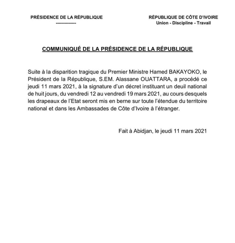 communiqué présidence