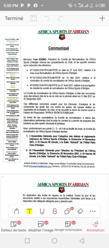 Fac-similé du communiqué de l'Africa Sports