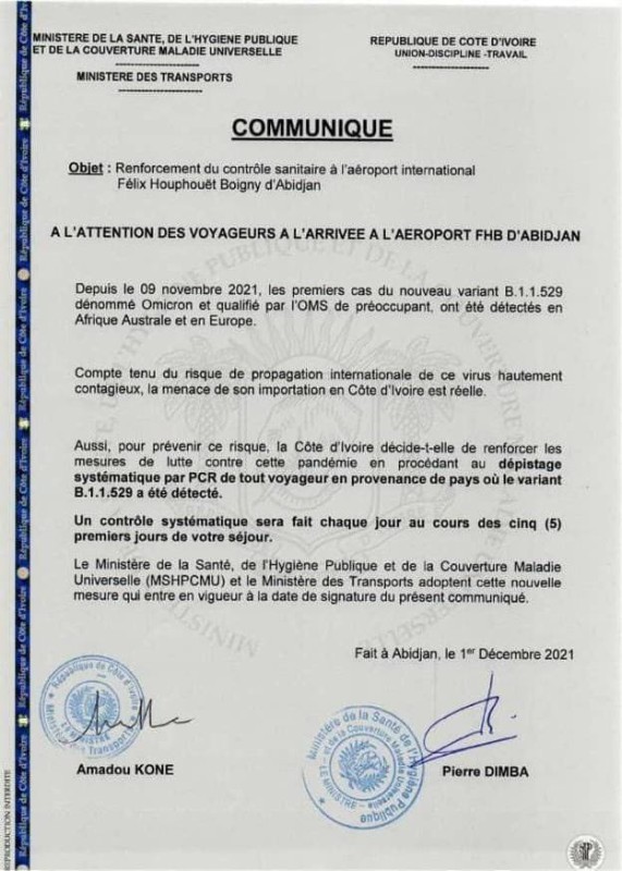 Fac-similé du communiqué des ministre Pierre Dimba et Amadou Koné