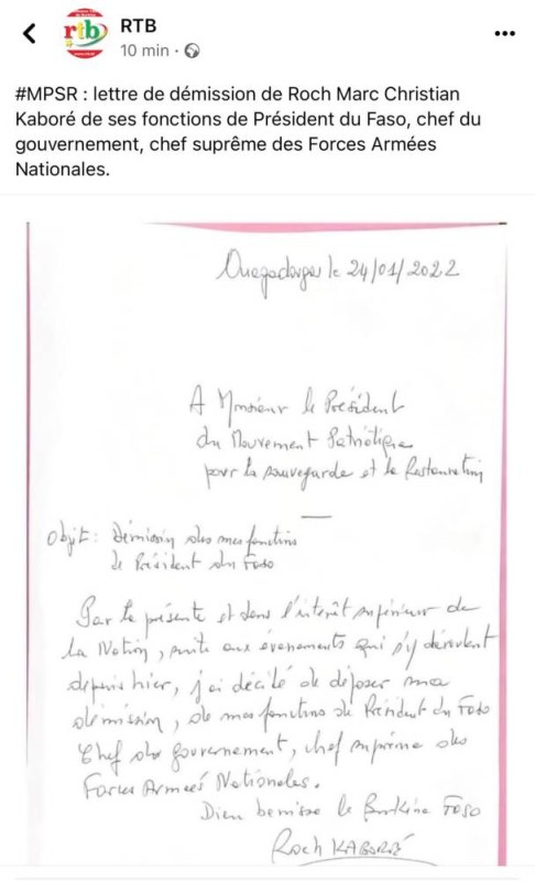 Ce document présenté comme la lettre de démission du Président Marc Christian Kaboré