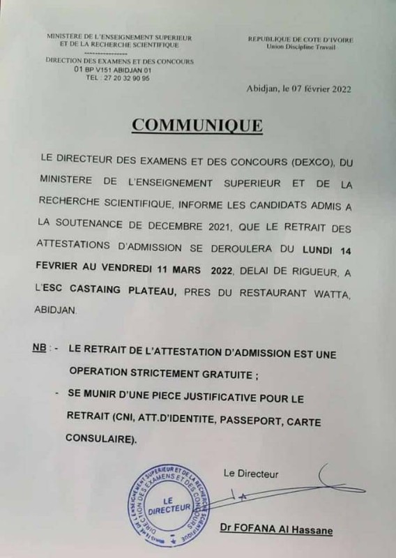 Le communiqué du directeur des examens et concours de l'enseignement supérieur. (Dr)