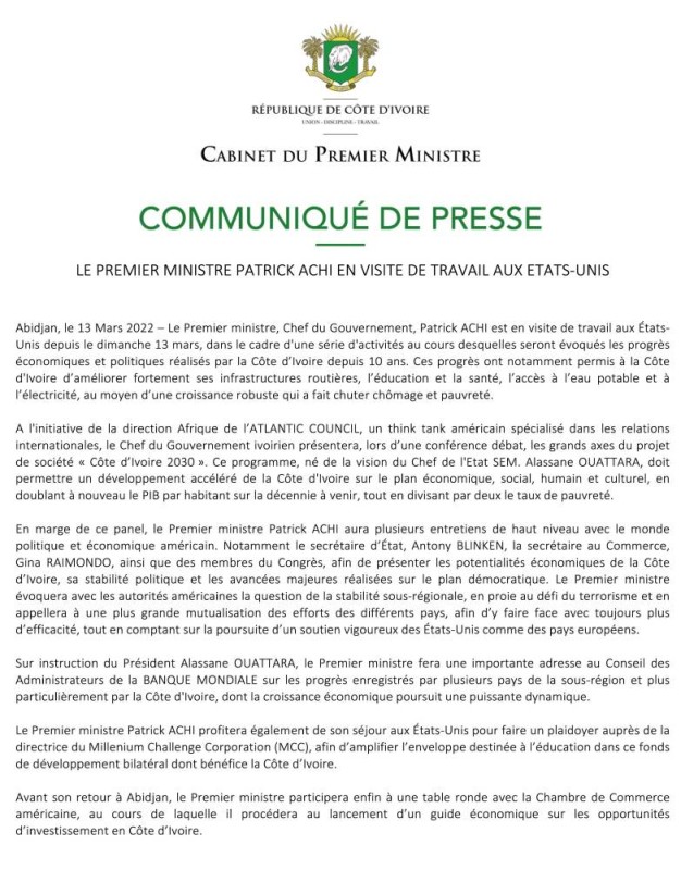 13 Mars 2022 - Communique de presse Premier Ministre - Visite de travail USA_REVU