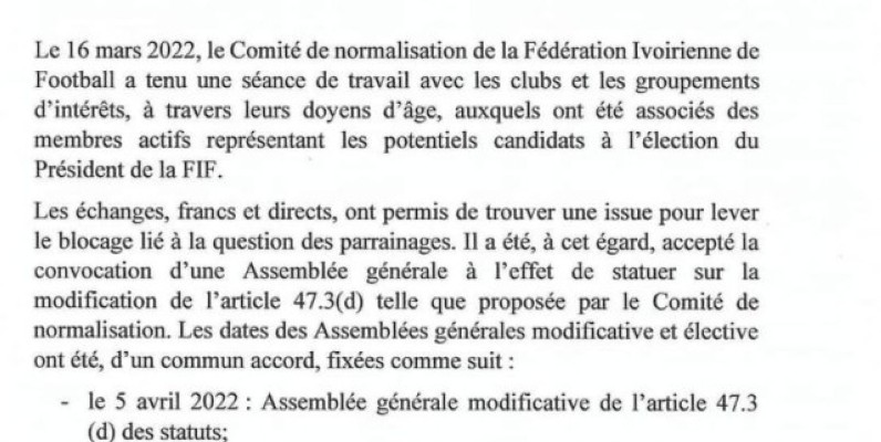 Le communiqué du Comité de Normalisation de la FIF (CN-FIF).(DR)