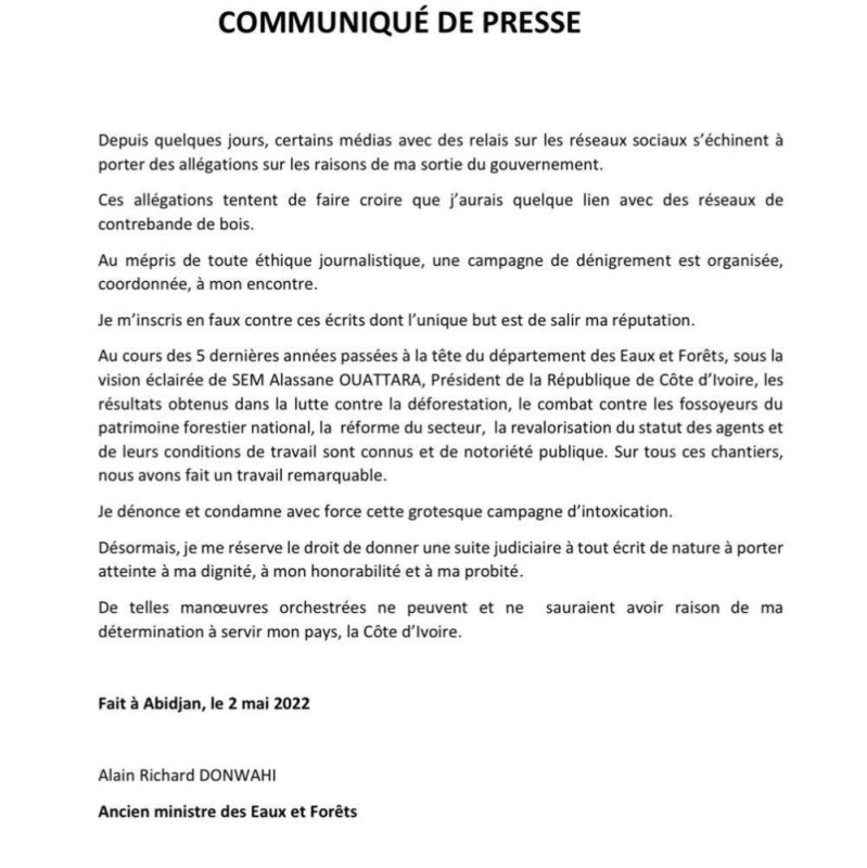 Communiqué Alain Donwahi