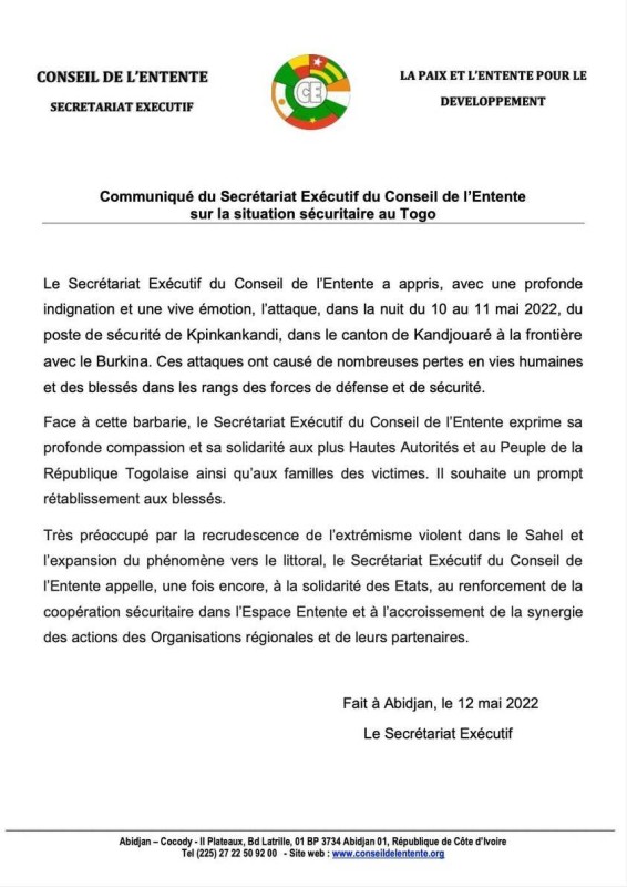 Le communiqué du Conseil de l'entente. (DR)