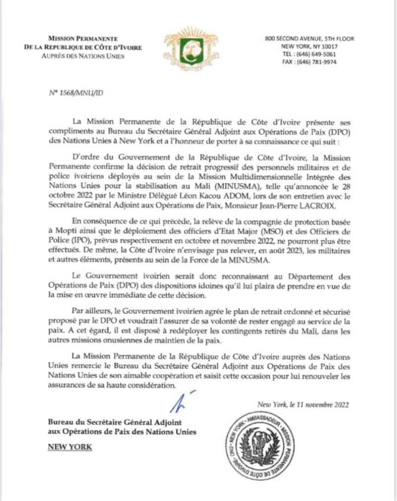 Fac-similé d'une note de la Côte d'Ivoire au Sga chargé des opérations de l'ONU