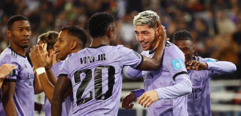 RABAT, MOROCCO - FEBRUARY 08: Federico Valverde of Real Madrid celebrates with teammates after scoring the team's second goal during the FIFA Club World Cup Morocco 2022 Semi Final match between Al Ahly and Real Madrid CF at Prince Moulay Abdellah on February 08, 2023 in Rabat, Morocco. (Photo by Michael Steele/Getty Images)