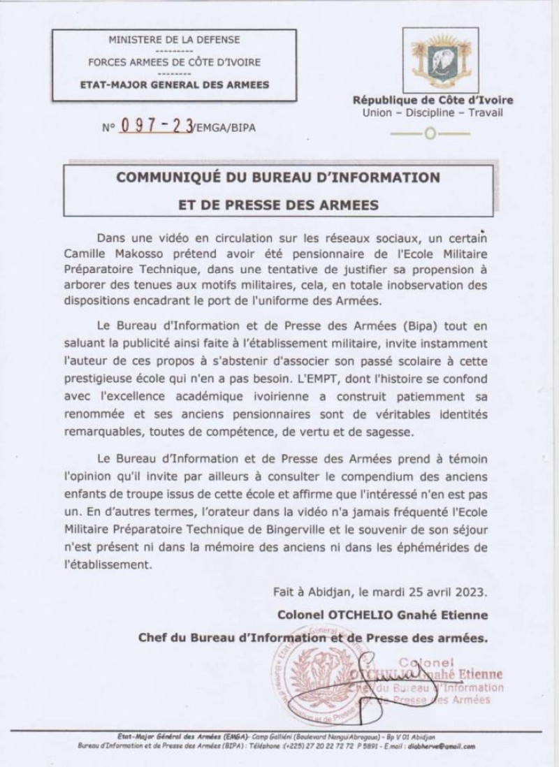 Le communiqué qui met en garde Camille Makosso. (Ph: Dr)
