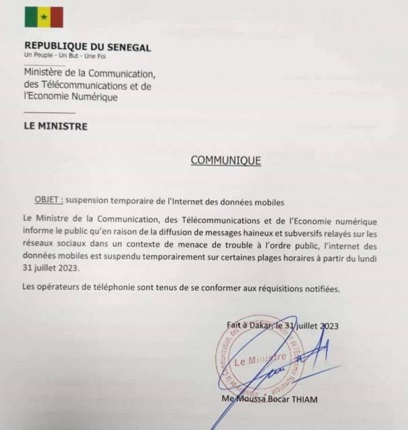 Le communiqué signé par le ministre de la Communication, des Télécommunications et de l’Économie numérique, Me Moussa Bocar Thiam. (Ph: Dr)