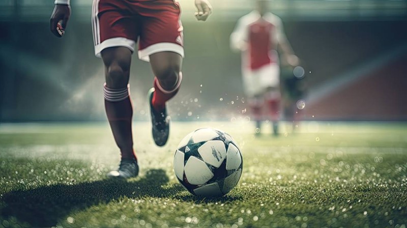 Close-up of a professional football player dribbling the ball on the playing field.