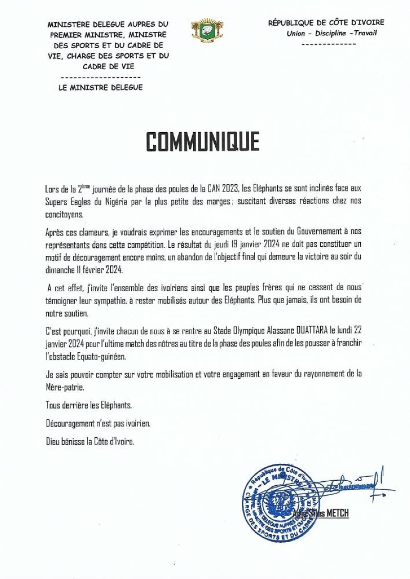 Communiqué du ministère chargé des Sports et du Cadre de vie. (Ph: Dr)