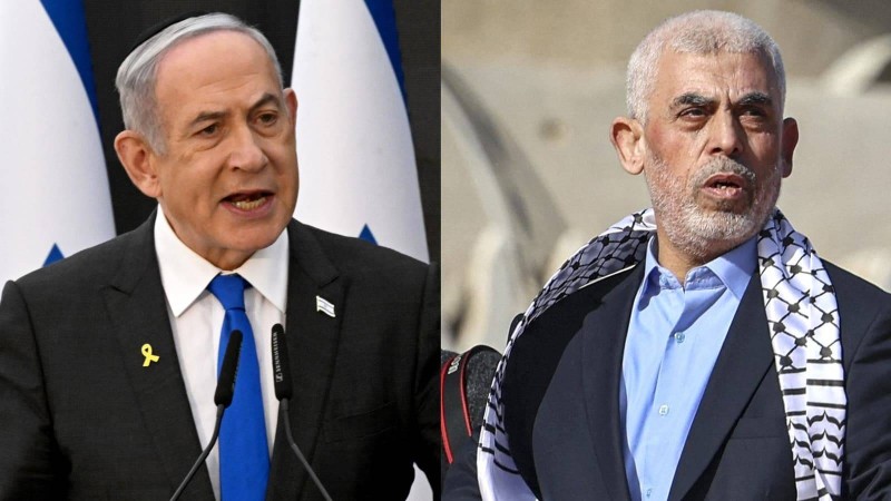 Le Premier ministre israélien Benjamin Netanyahu et le chef du Hamas Yahya Sinouar. - AFP
