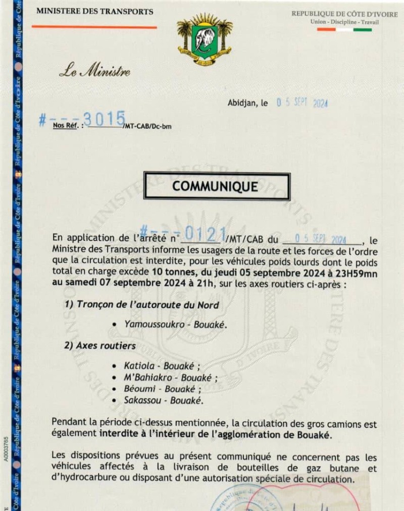 Communiqué du Ministère des Transports