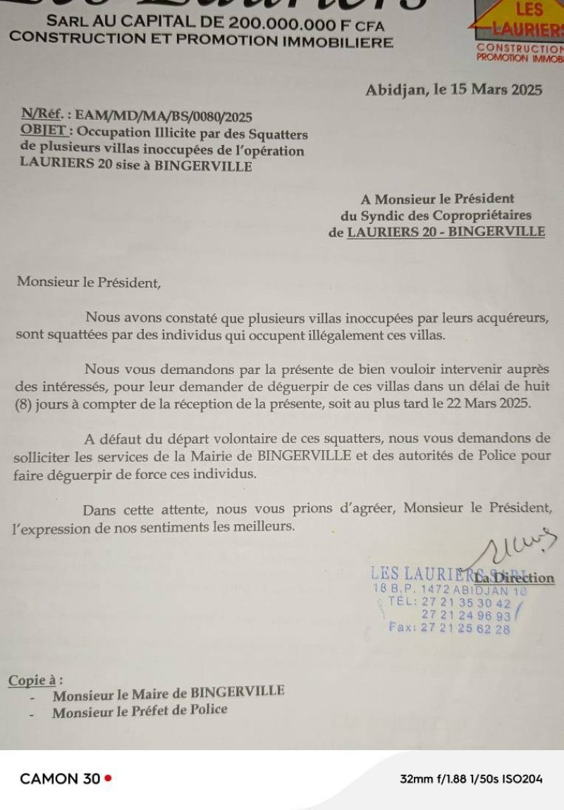 L'un des courriers adressés au promoteur auxquels il ne répond jamais. (Ph: Dr)