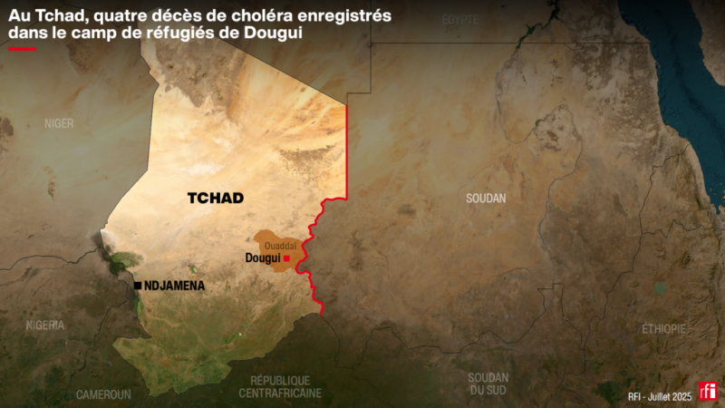 À quelques centaines de kilomètres de la frontière soudanaise, une épidémie de choléra sévit dans le camp de réfugiés de Dougui, dans la province du Ouaddaï, à l’est du Tchad. © alexandre Neracoulis / Studio graphique FMM