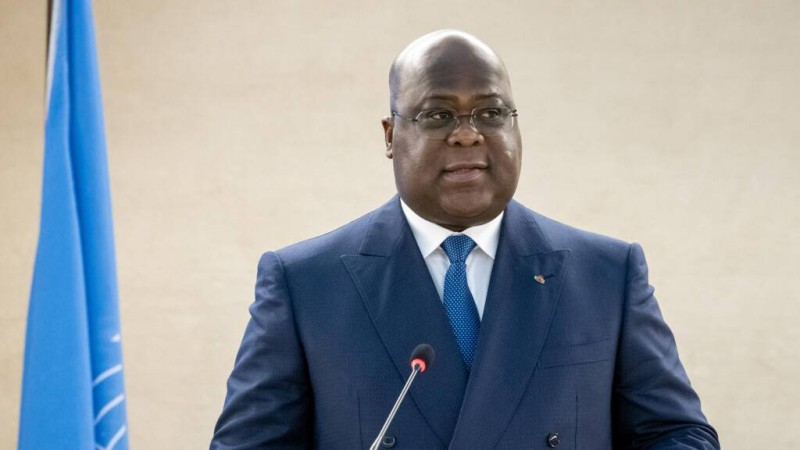  [Image d'archives] Le président de la République démocratique du Congo, Félix Tshisekedi, prononçant un discours lors de la 52e session du Conseil des droits de l'homme des Nations Unies, à Genève, le 27 février 2023. AFP - FABRICE COFFRINI 
