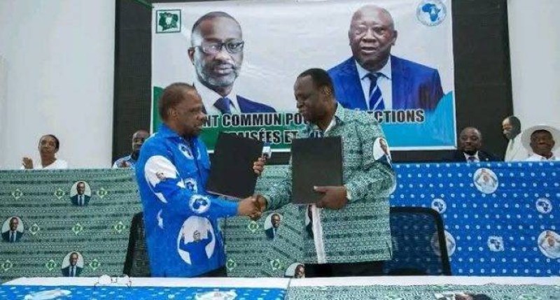 Sébastien Dano Djédjé, président exécutif du Ppa-CI, et Noël Akossi Bendjo, coordinateur général du Pdci-Rda, les deux signataires du communiqué. (Ph: Dr)