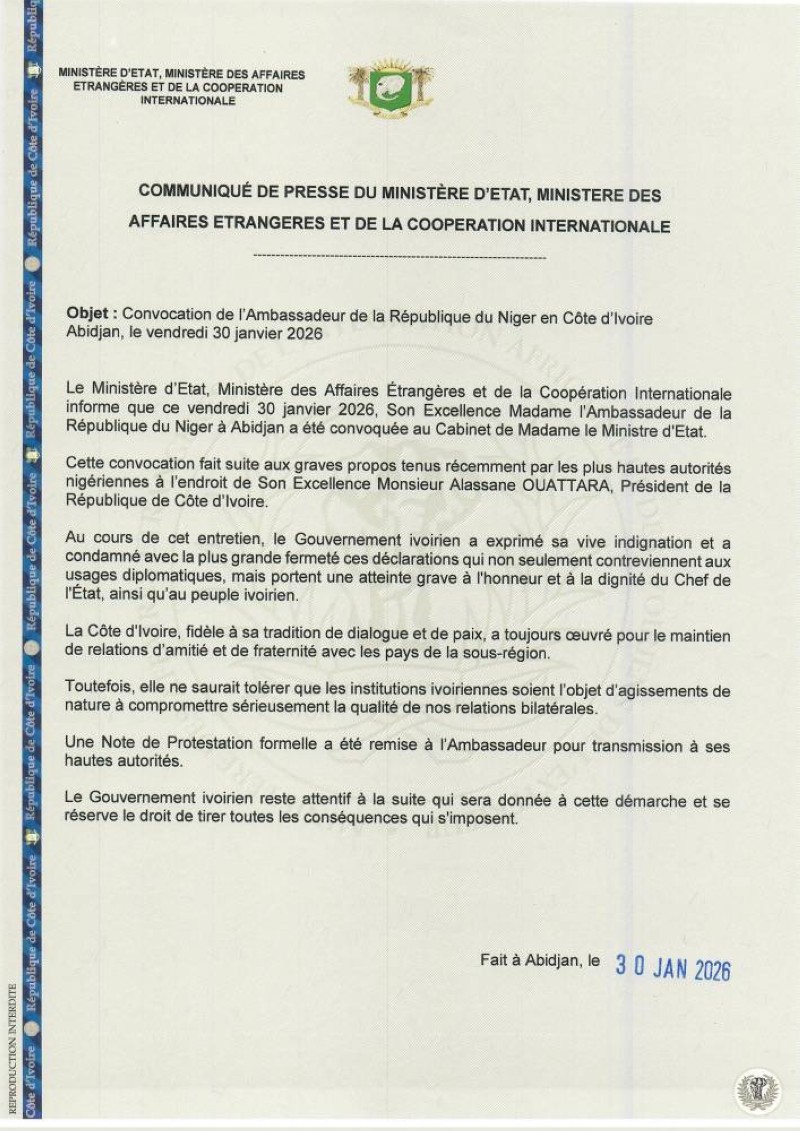 COMMUNIQUE PRESSE CONVOCATION AMBASSADEUR NIGER