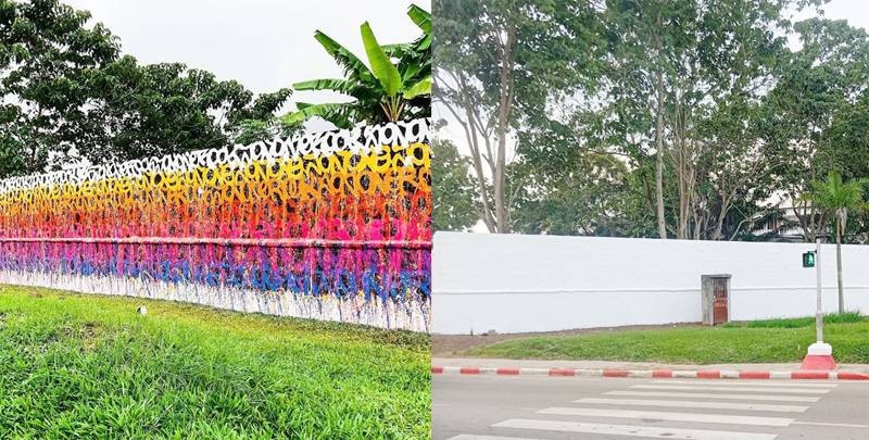 La clôture du lycée classique d'Abidjan avec la fresque et la clôture désormais sans fresque. (Ph: VK)