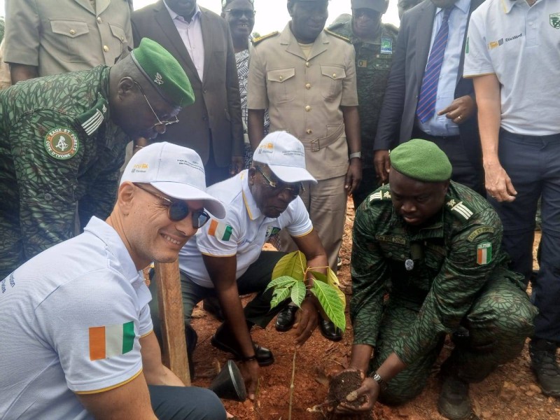 Le ministre des Eaux et foret, Jacques Assahore Konan (2e à partir de la gauche) procédant à un planning d'arbre dans l'agro-forêt de Bebasso.(Photos : Franck YEO)